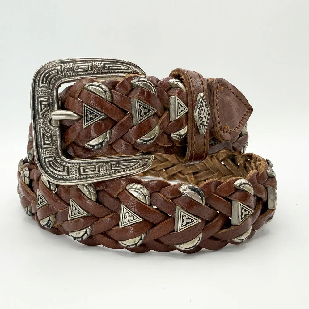 Vintage County Seat Brown Braided Leather Belt Silver Concho Charms Western 34in